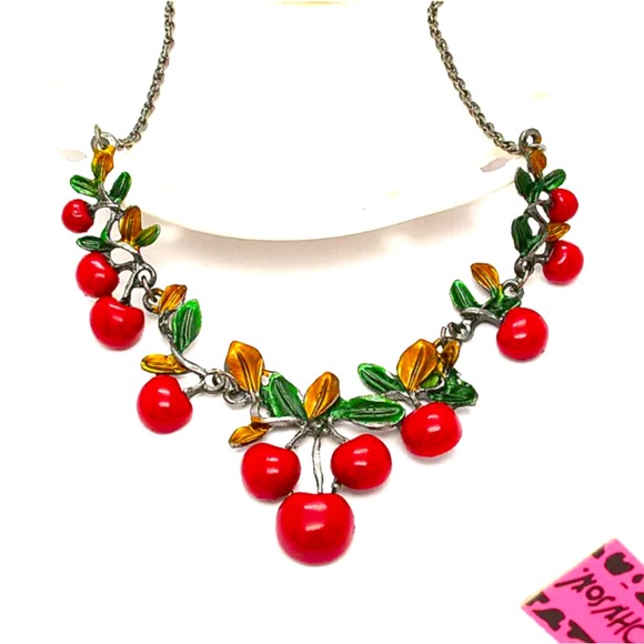 NWT. Betsy Johnson. Red Green Enameled Cherries jewelry Set(Necklace/Earrings) - Picture 3 of 8